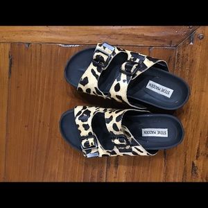 Steve Madden leopard calf hair 2-strap slides